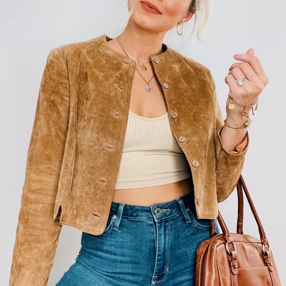 VINTAGE | Genuine Leather Suede Cropped Button Down Lined Jacket